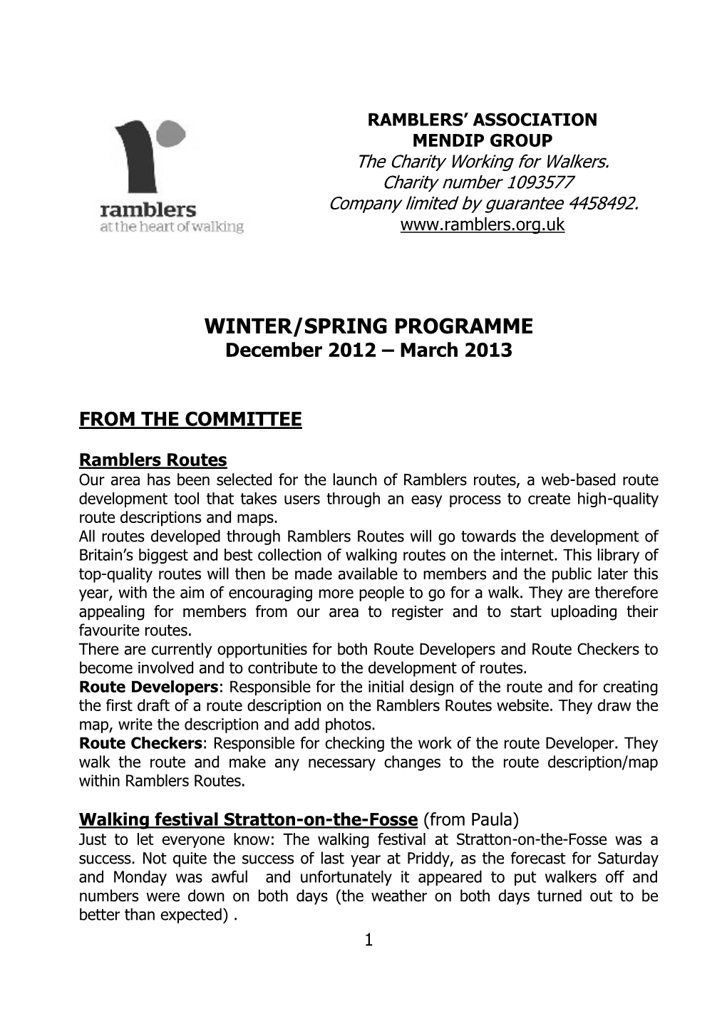 WINTER/SPRING PROGRAMME December 2012 – March 2013