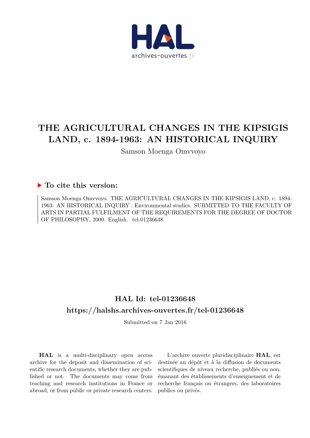 THE AGRICULTURAL CHANGES in the KIPSIGIS LAND, C