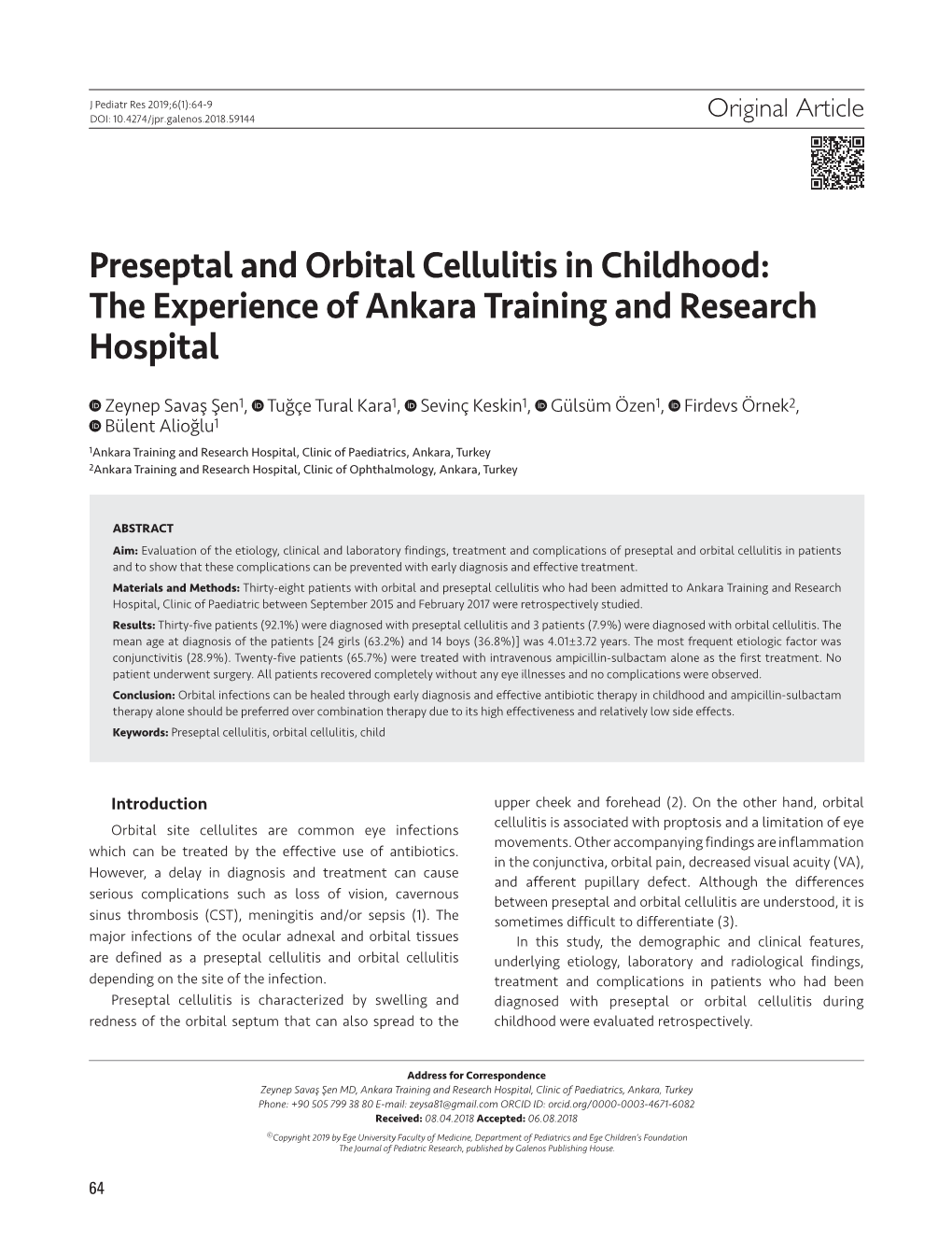 Preseptal and Orbital Cellulitis in Childhood: the Experience of Ankara Training and Research Hospital