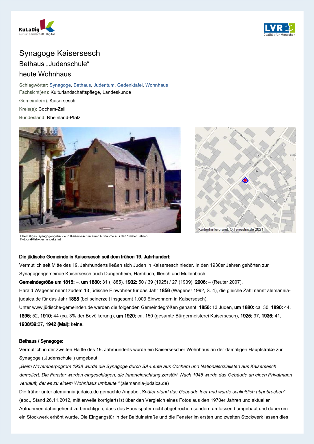 Synagoge Kaisersesch Bethaus „Judenschule“ Heute Wohnhaus
