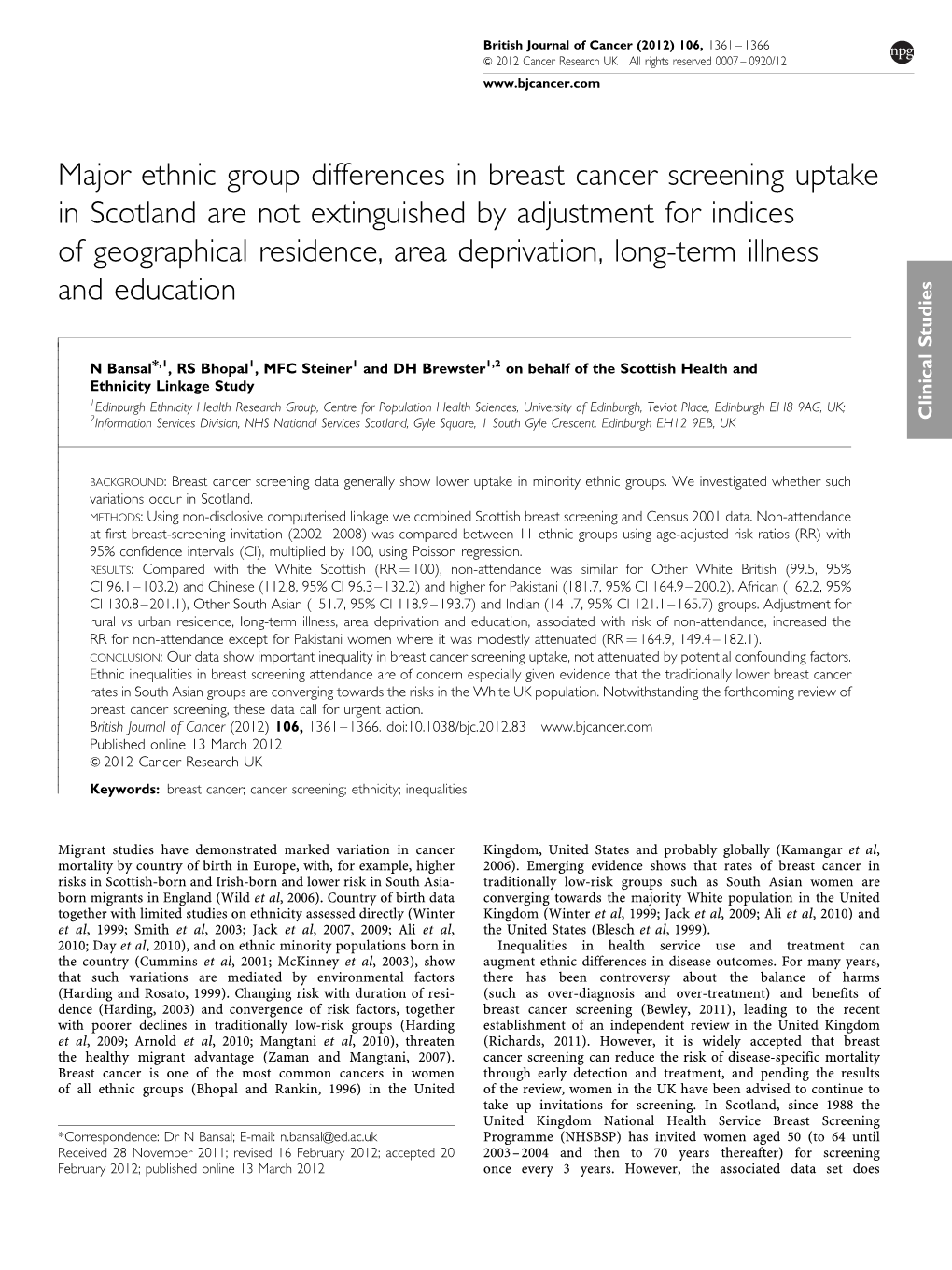 Major Ethnic Group Differences in Breast Cancer Screening Uptake In