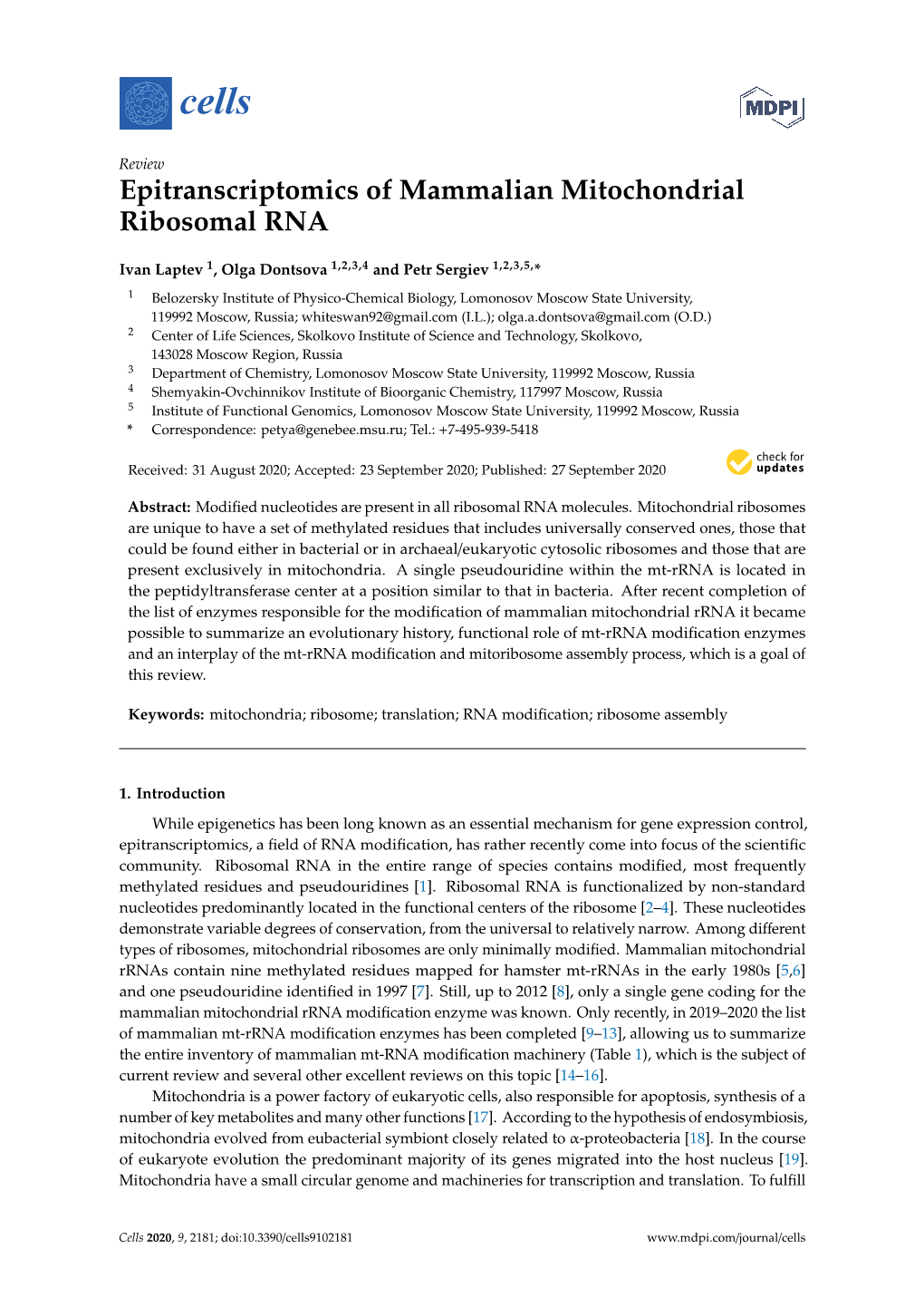 Epitranscriptomics of Mammalian Mitochondrial Ribosomal RNA