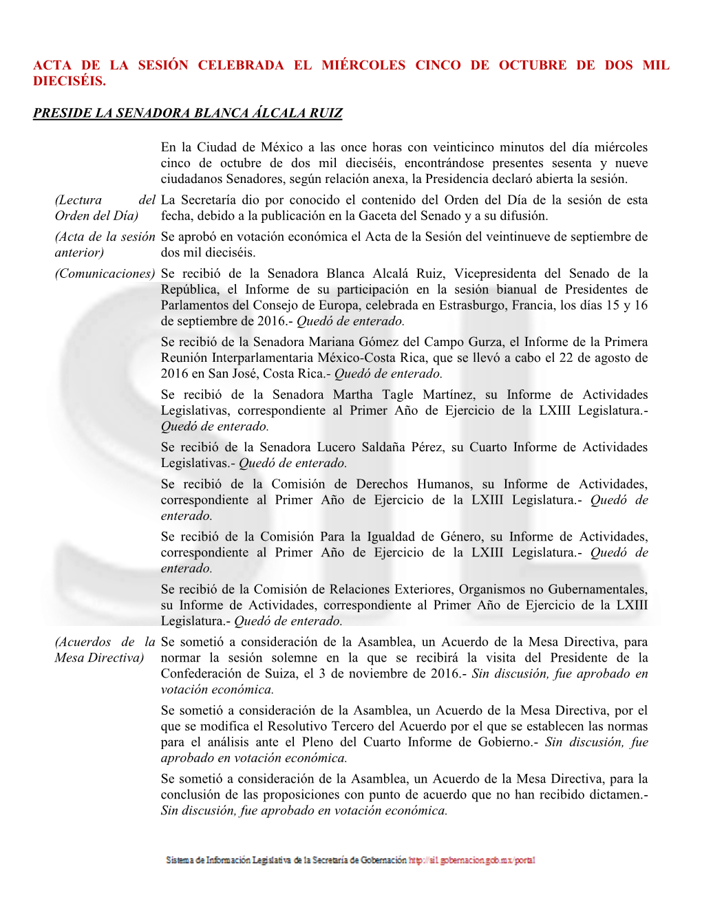 Acta De La Sesión Celebrada El Miércoles Cinco De Octubre De Dos Mil Dieciséis