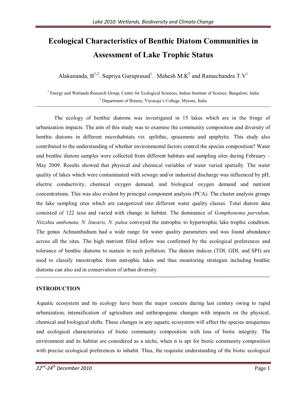 Ecological Characteristics of Benthic Diatom Communities in Assessment of Lake Trophic Status