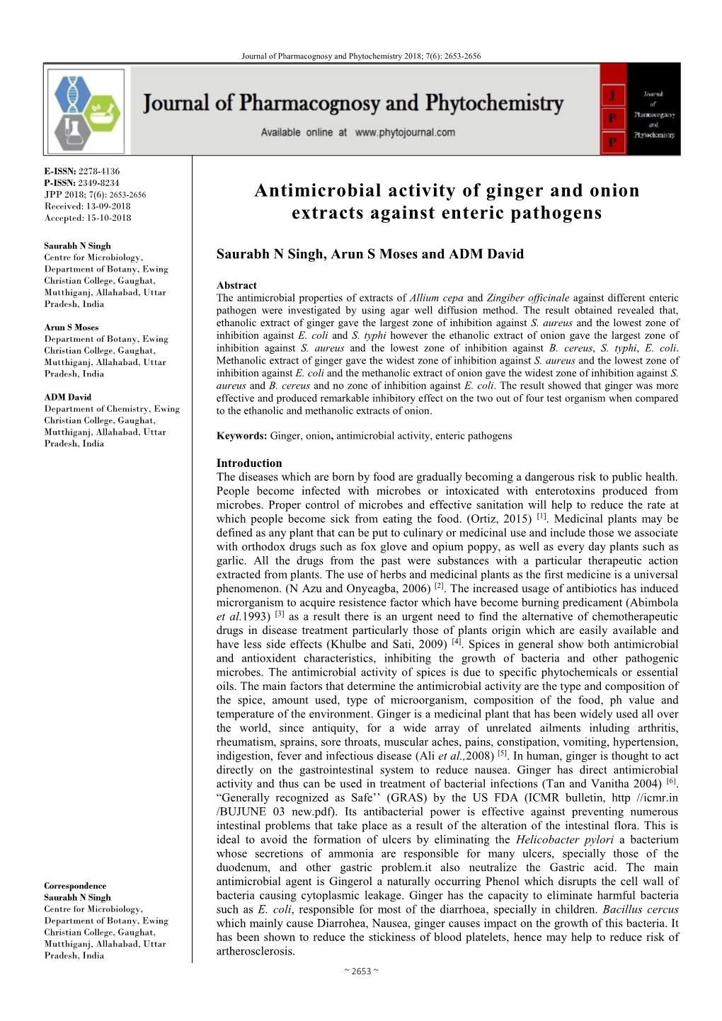 Antimicrobial Activity of Ginger and Onion Extracts Against Enteric Pathogens