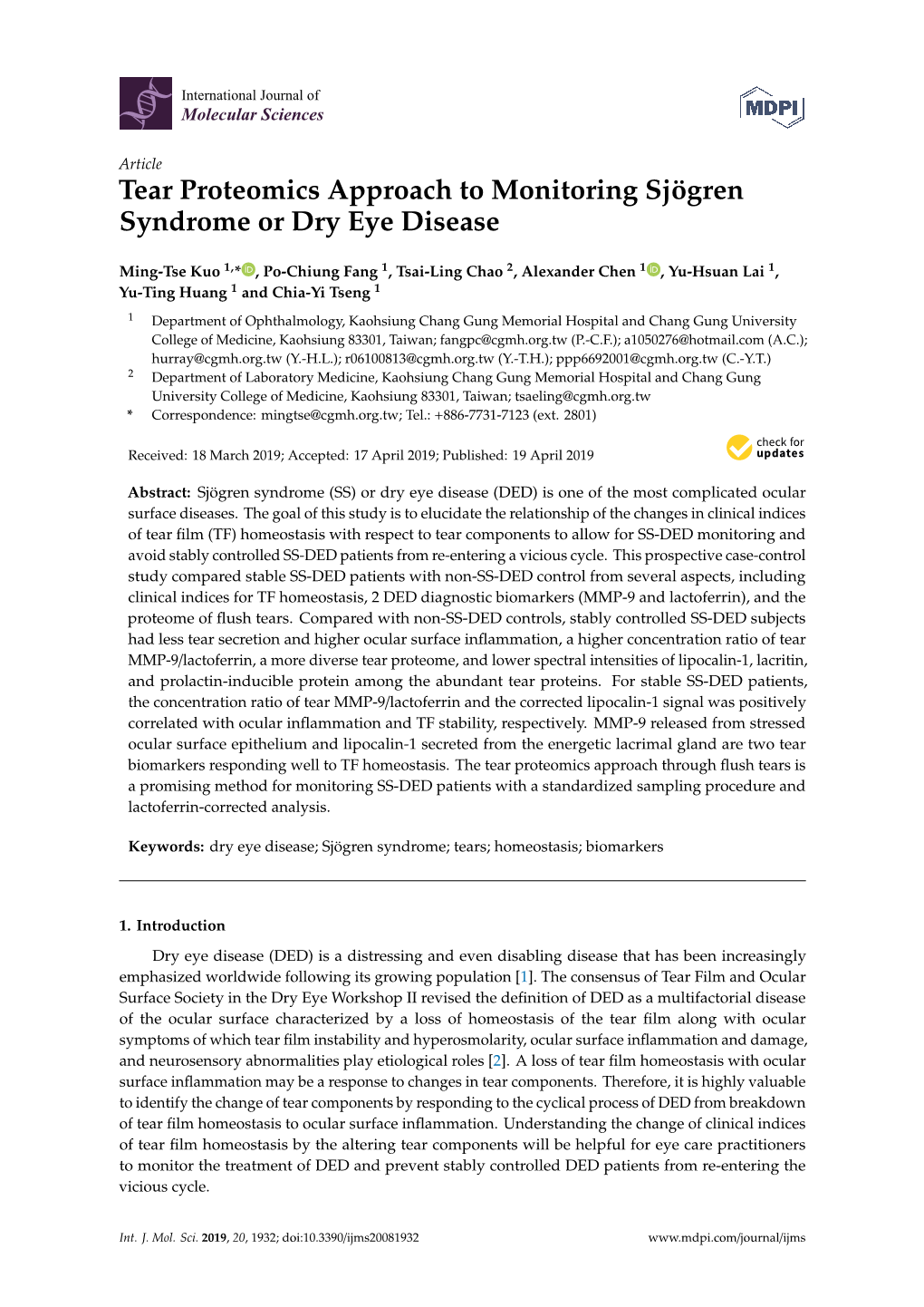 Tear Proteomics Approach to Monitoring Sjögren Syndrome Or Dry Eye Disease