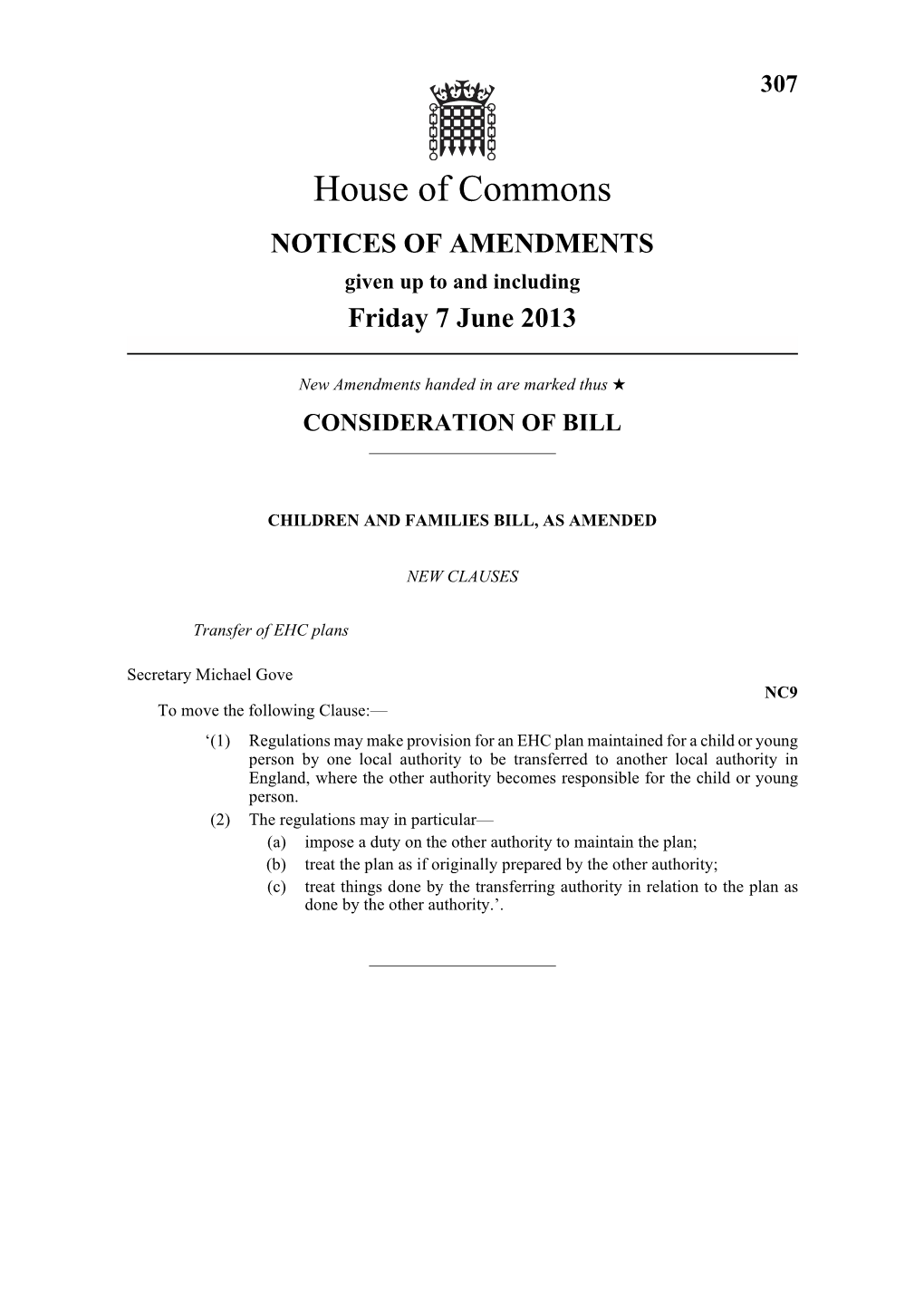 307 Notices of Amendments