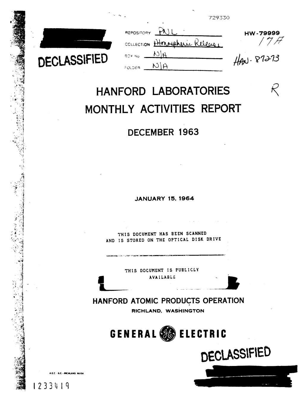 Hanford Laboratories Monthly Activities Report