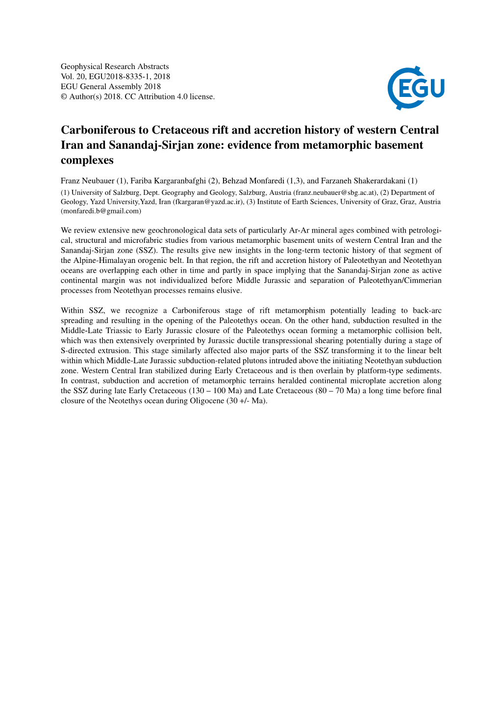 Carboniferous to Cretaceous Rift and Accretion History of Western Central Iran and Sanandaj-Sirjan Zone: Evidence from Metamorphic Basement Complexes