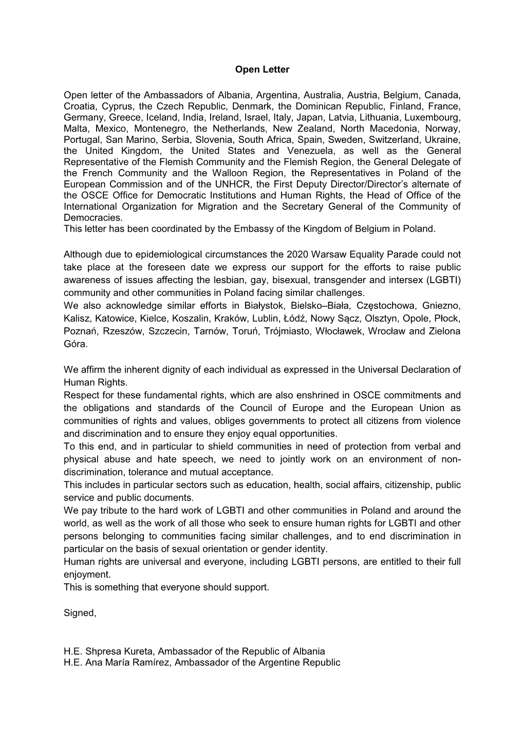 Open Letter Open Letter of the Ambassadors of Albania, Argentina, Australia, Austria, Belgium, Canada, Croatia, Cyprus, the Czec