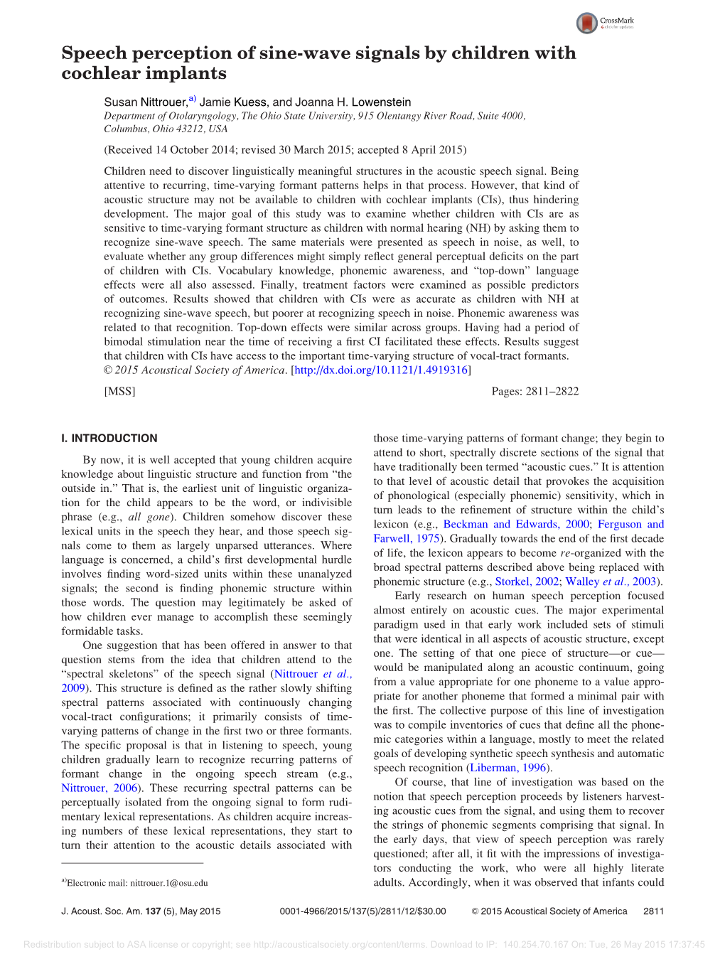 Speech Perception of Sine-Wave Signals by Children with Cochlear Implants