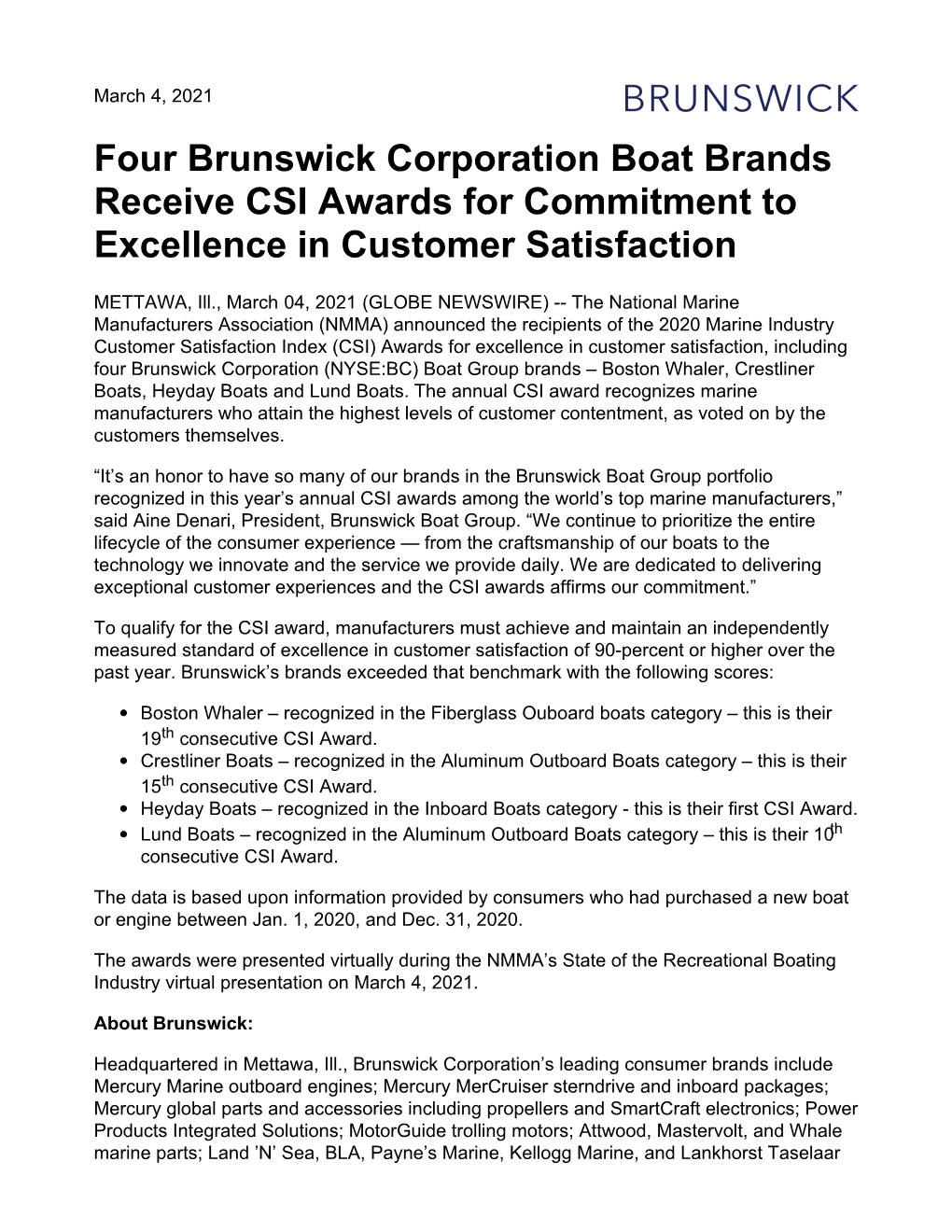 Four Brunswick Corporation Boat Brands Receive CSI Awards for Commitment to Excellence in Customer Satisfaction