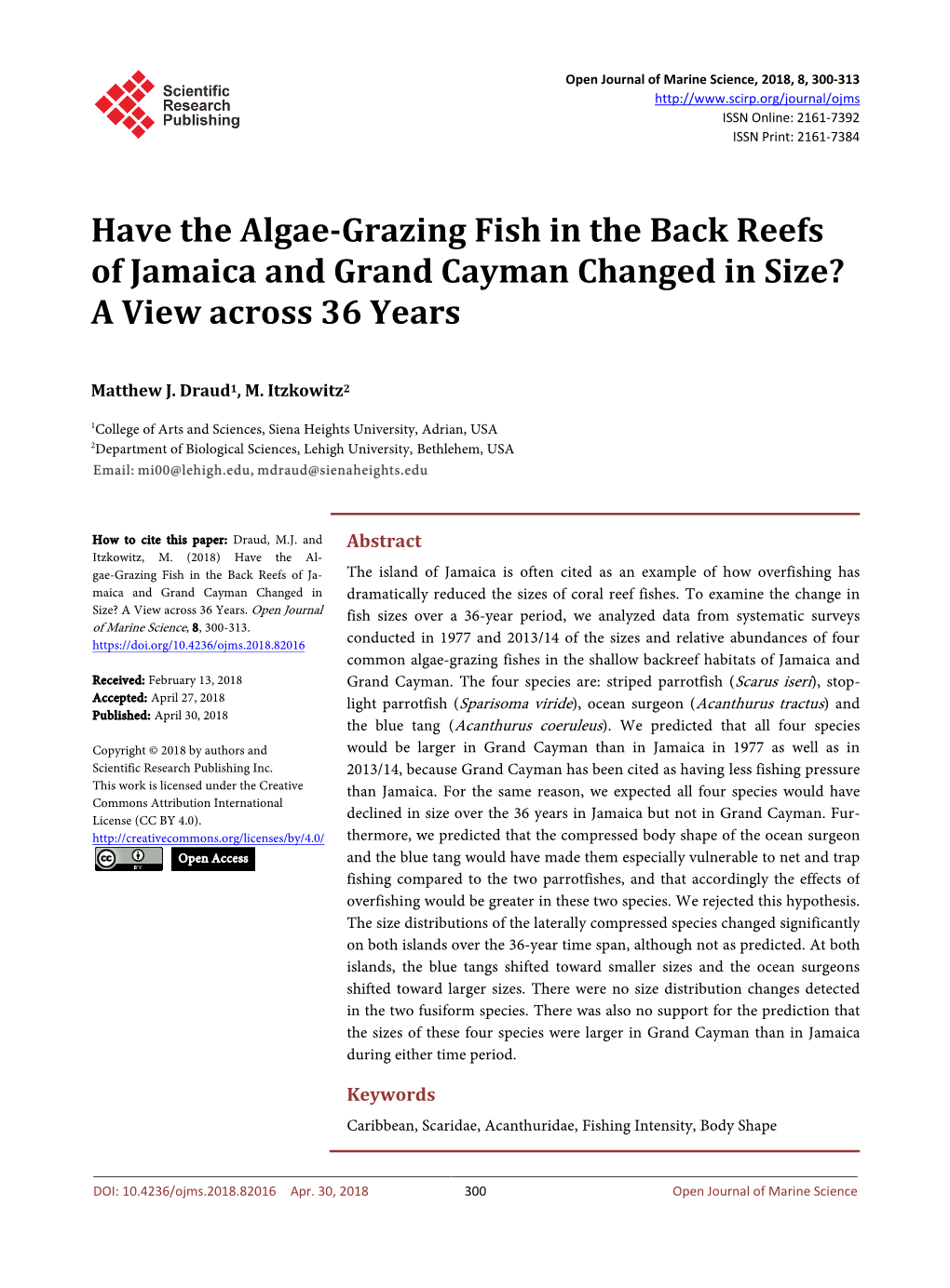 Have the Algae-Grazing Fish in the Back Reefs of Jamaica and Grand Cayman Changed in Size? a View Across 36 Years