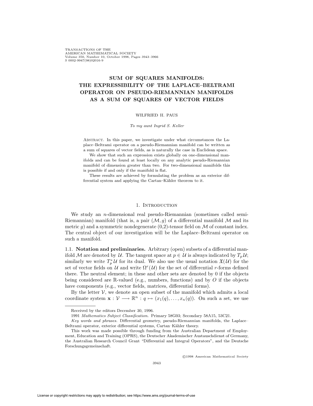 Sum of Squares Manifolds: the Expressibility of the Laplace–Beltrami Operator on Pseudo-Riemannian Manifolds As a Sum of Squares of Vector Fields