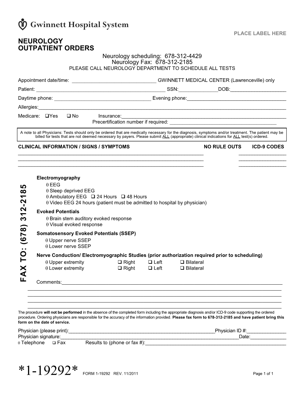 Neurology Outpatient Orders