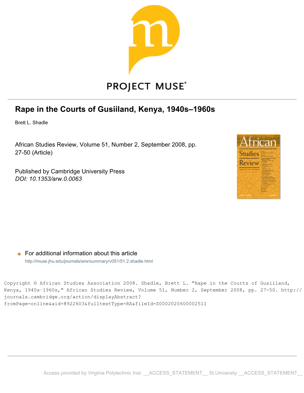 Rape in the Courts of Gusiiland, Kenya, 1940S–1960S