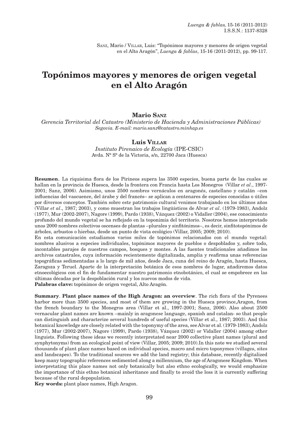 Topónimos Mayores Y Menores De Origen Vegetal En El Alto Aragón”, Luenga & Fablas, 15-16 (2011-2012), Pp