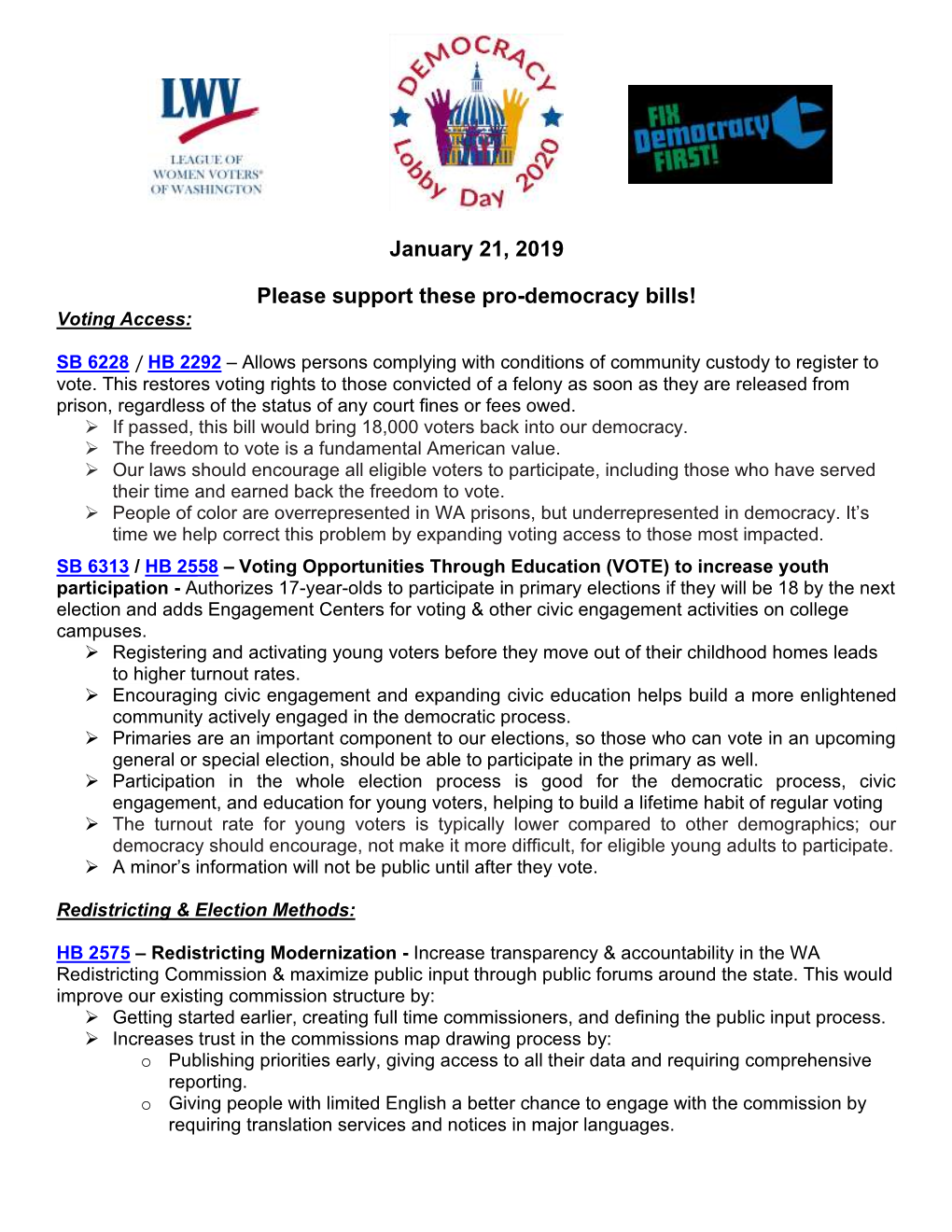 January 21, 2019 Please Support These Pro-Democracy Bills!