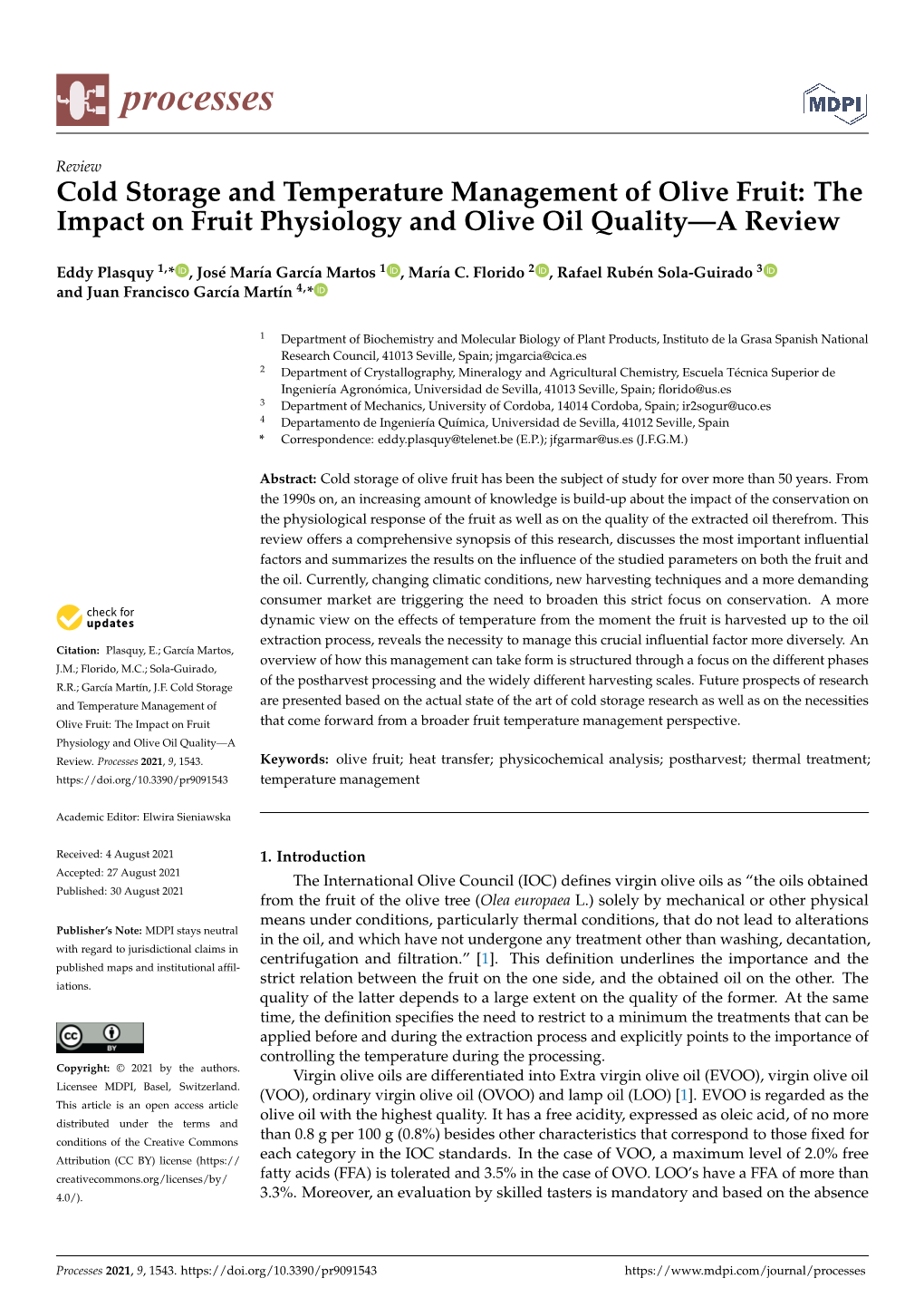 Cold Storage and Temperature Management of Olive Fruit: the Impact on Fruit Physiology and Olive Oil Quality—A Review