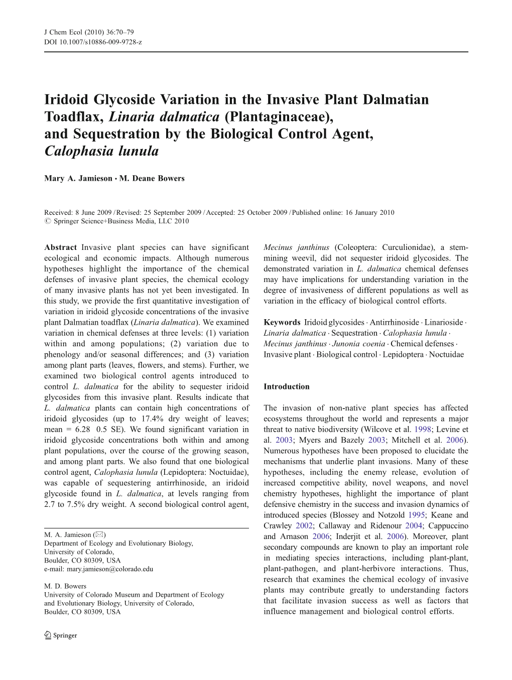 Iridoid Glycoside Variation in the Invasive Plant Dalmatian Toadflax