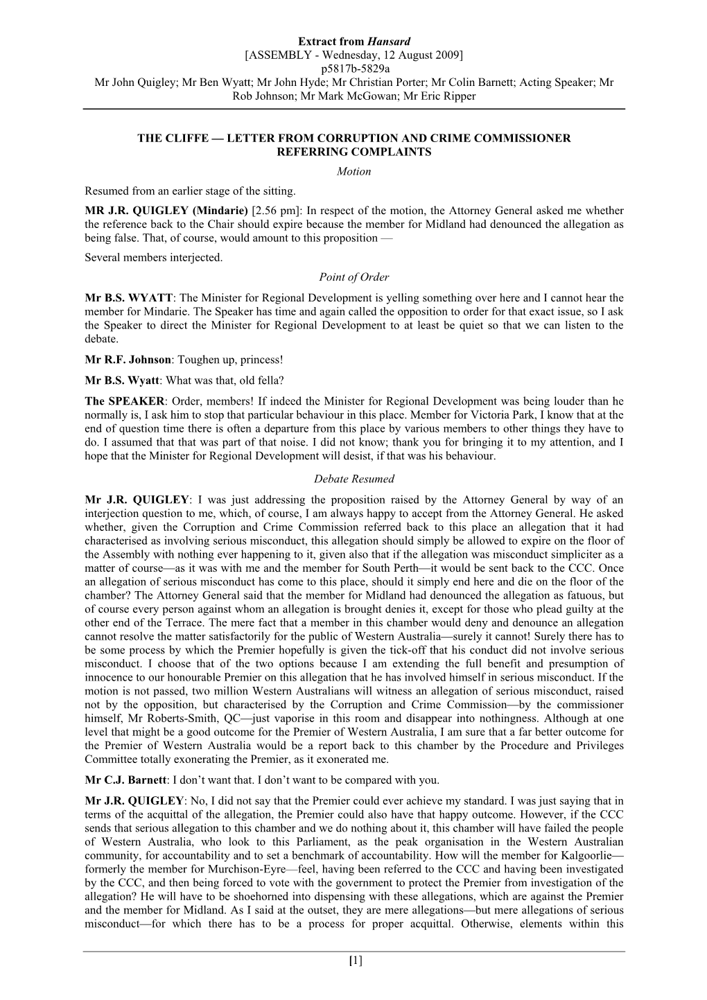P5817b-5829A Mr John Quigley; Mr Ben Wyatt; Mr John Hyde; Mr Christian Porter; Mr Colin Barnett; Acting Speaker; Mr Rob Johnson; Mr Mark Mcgowan; Mr Eric Ripper