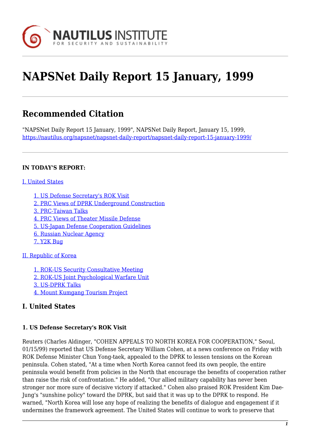 Napsnet Daily Report 15 January, 1999