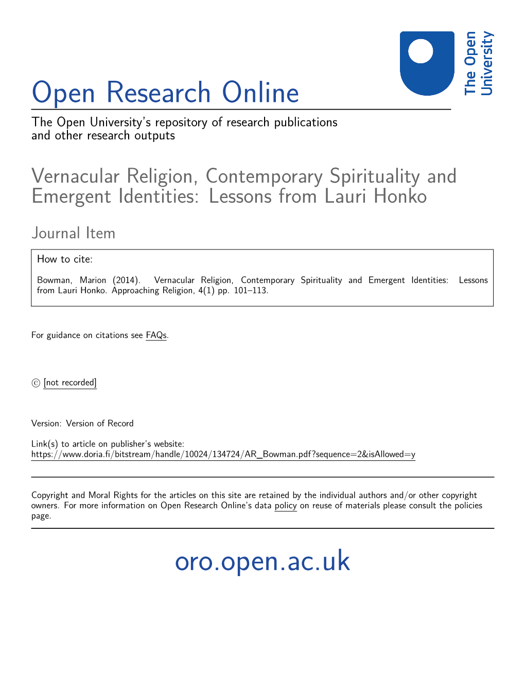 Vernacular Religion, Contemporary Spirituality and Emergent Identities: Lessons from Lauri Honko