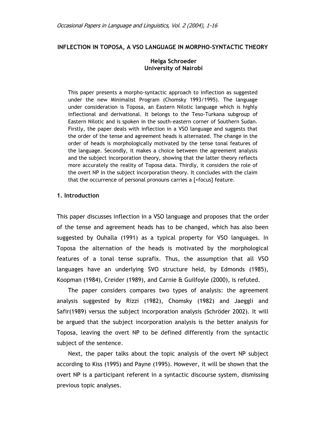 1-16 Inflection in Toposa, a Vso Language in Morpho-Syntactic