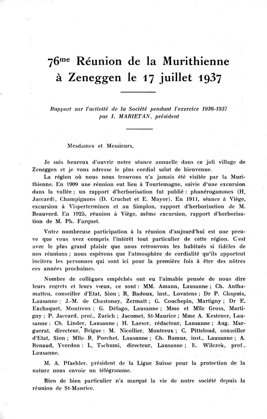 76Me Réunion De La Murithienne À Zeneggen Le 17 Juillet 1937