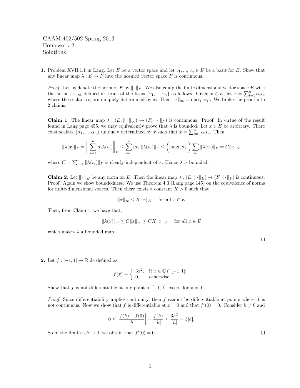 CAAM 402/502 Spring 2013 Homework 2 Solutions