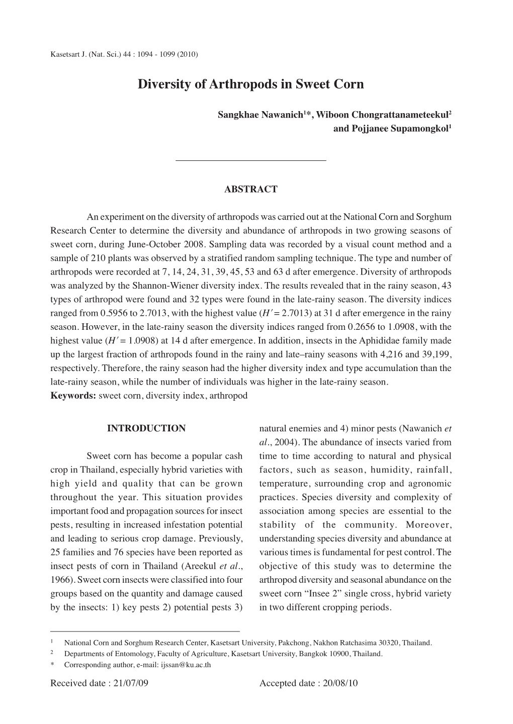 Diversity of Arthropods in Sweet Corn