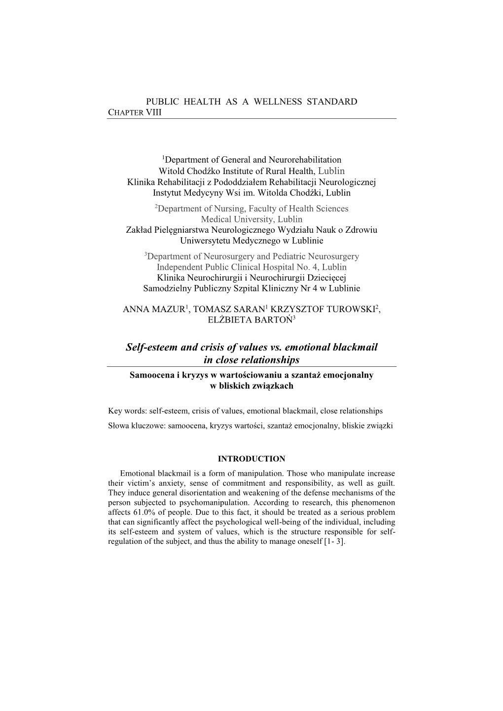 Self-Esteem and Crisis of Values Vs. Emotional Blackmail in Close Relationships Samoocena I Kryzys W Wartościowaniu a Szantaż Emocjonalny W Bliskich Związkach