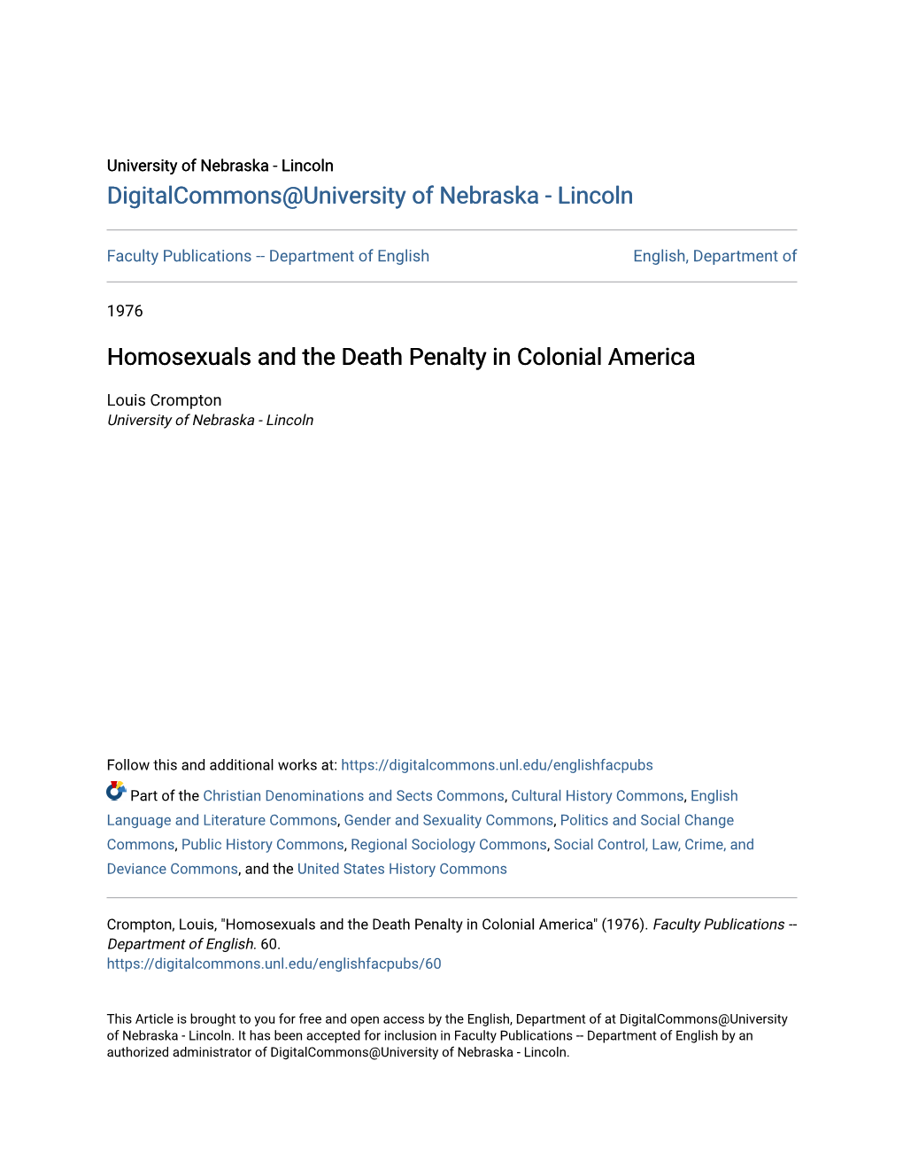 Homosexuals and the Death Penalty in Colonial America