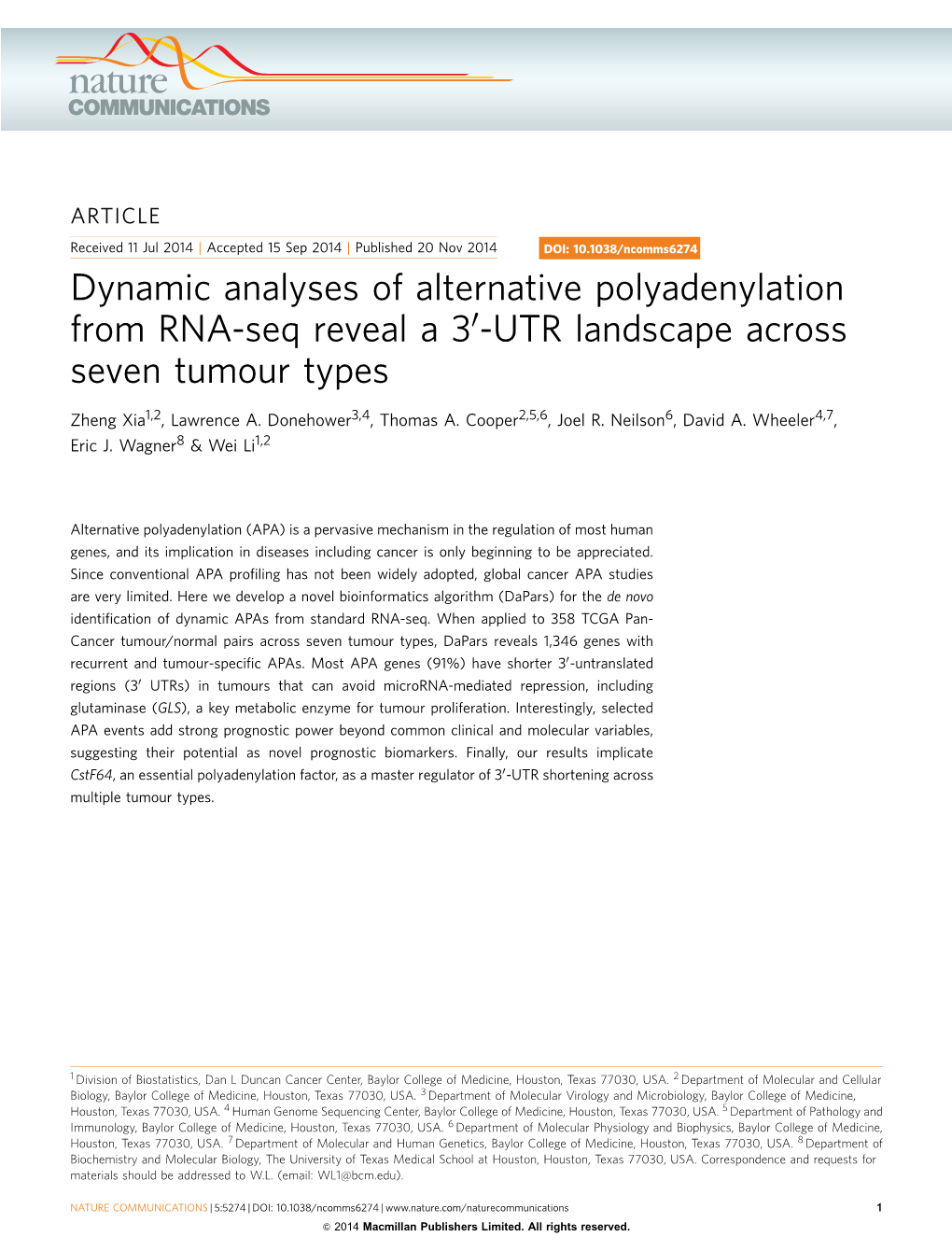 Dynamic Analyses of Alternative Polyadenylation from RNA-Seq Reveal a 30-UTR Landscape Across Seven Tumour Types