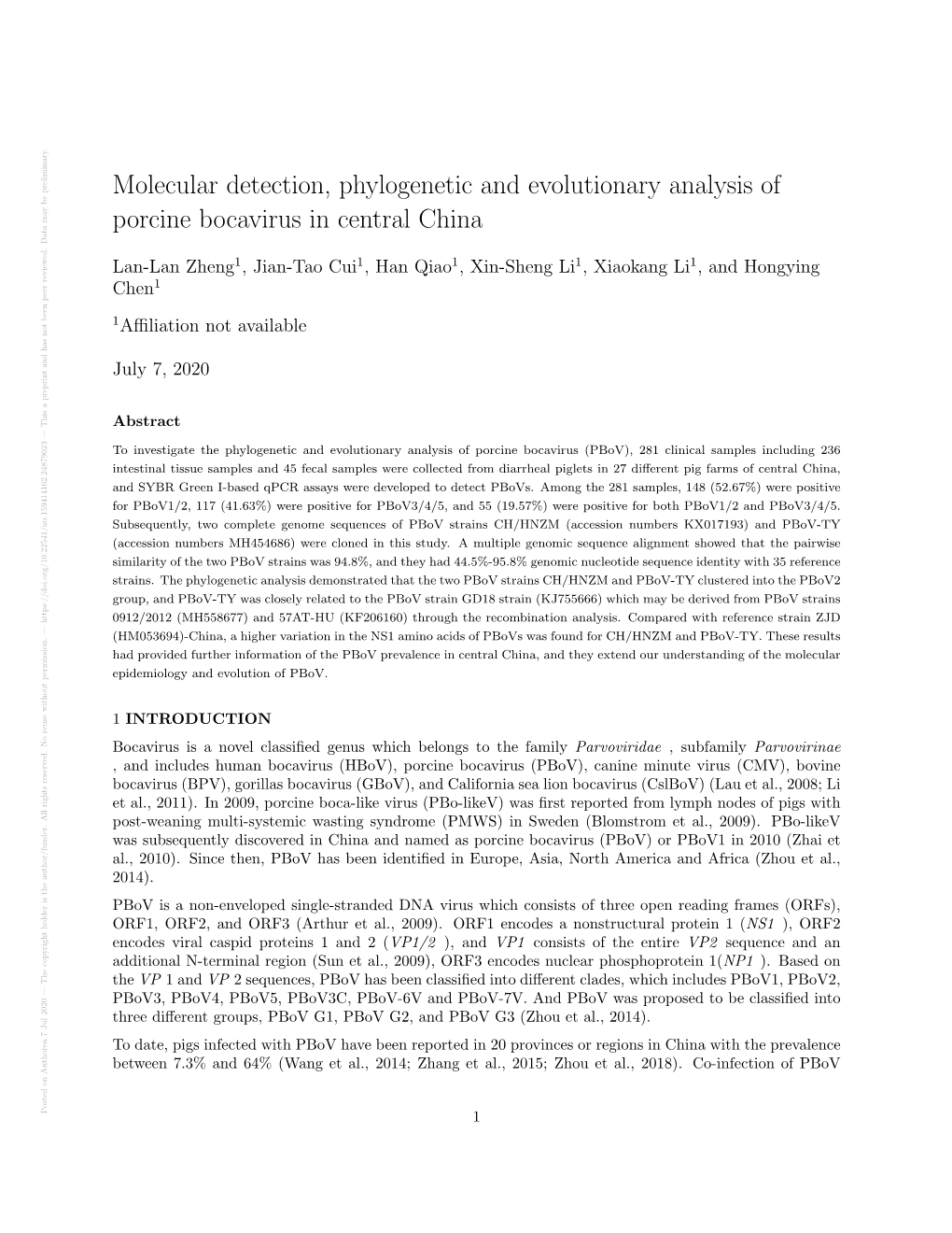 Molecular Detection, Phylogenetic and Evolutionary Analysis of Porcine Bocavirus in Central China