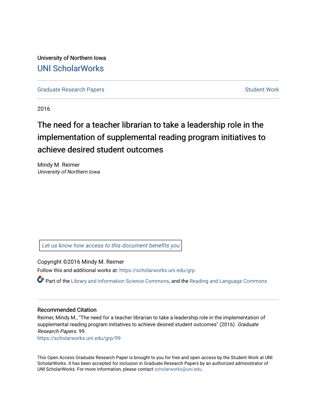 The Need for a Teacher Librarian to Take a Leadership Role in the Implementation of Supplemental Reading Program Initiatives to Achieve Desired Student Outcomes