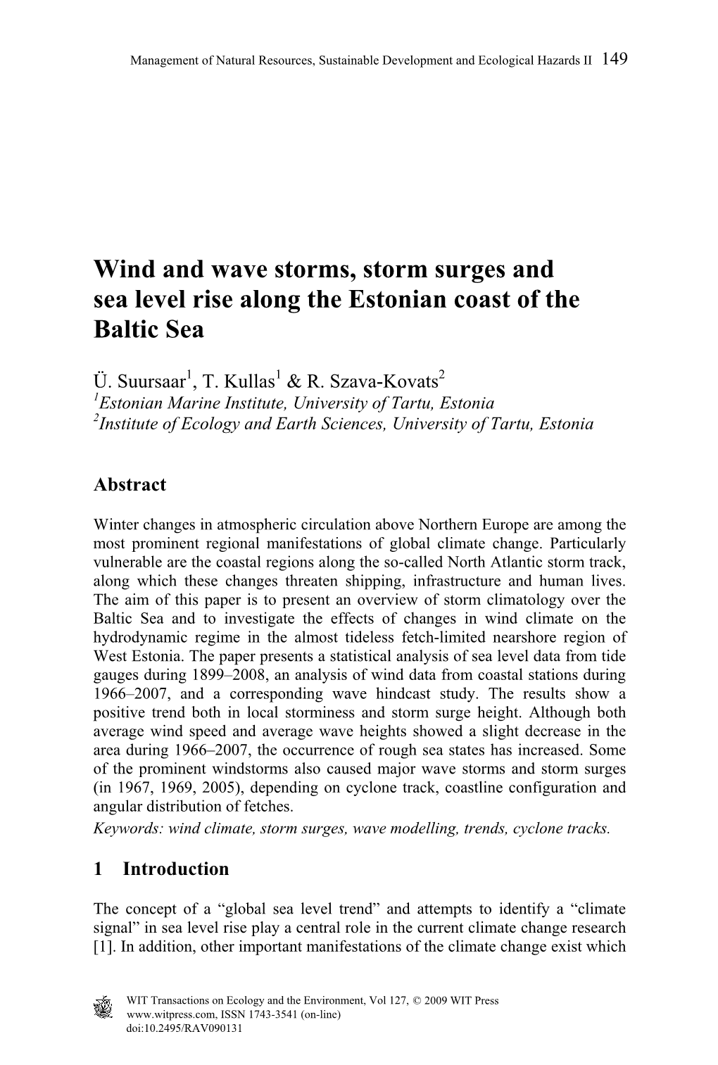 Wind and Wave Storms, Storm Surges and Sea Level Rise Along the Estonian Coast of the Baltic Sea