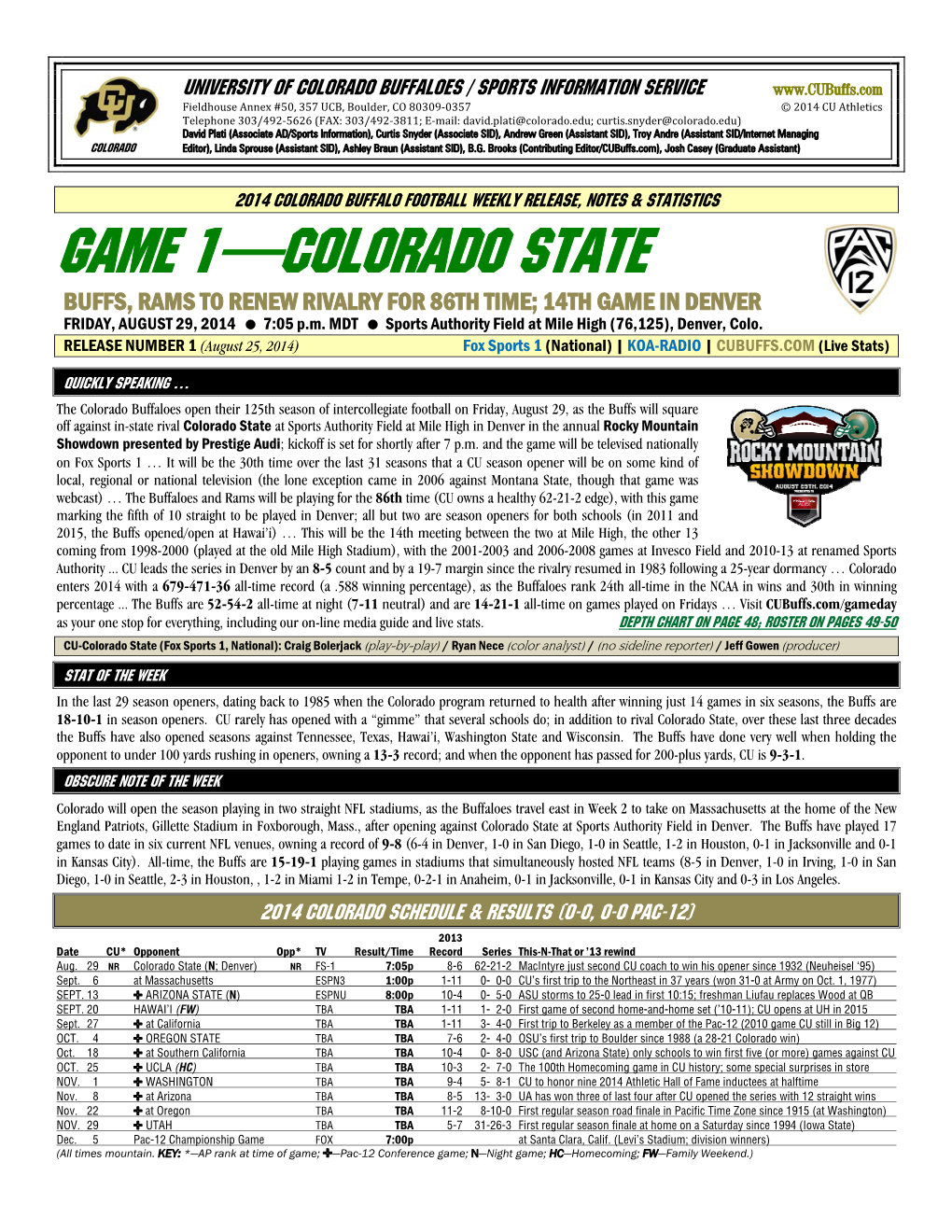 GAME 1—COLORADO STATE BUFFS, RAMS to RENEW RIVALRY for 86TH TIME; 14TH GAME in DENVER FRIDAY, AUGUST 29, 2014 7:05 P.M