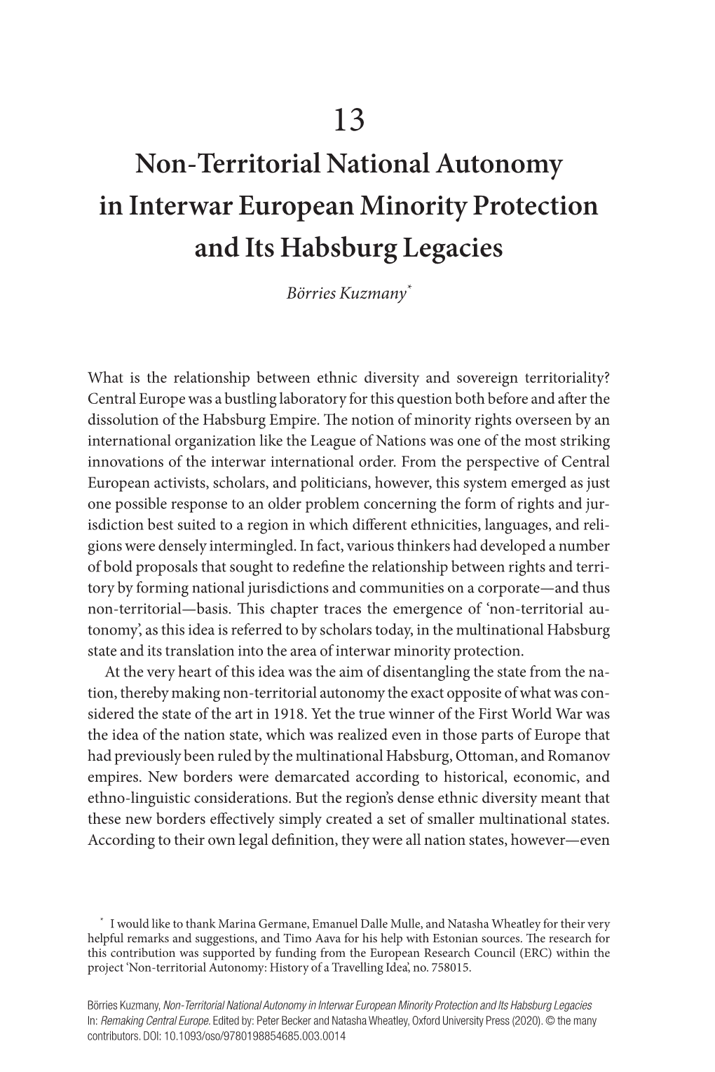 Non- Territorial National Autonomy in Interwar European Minority