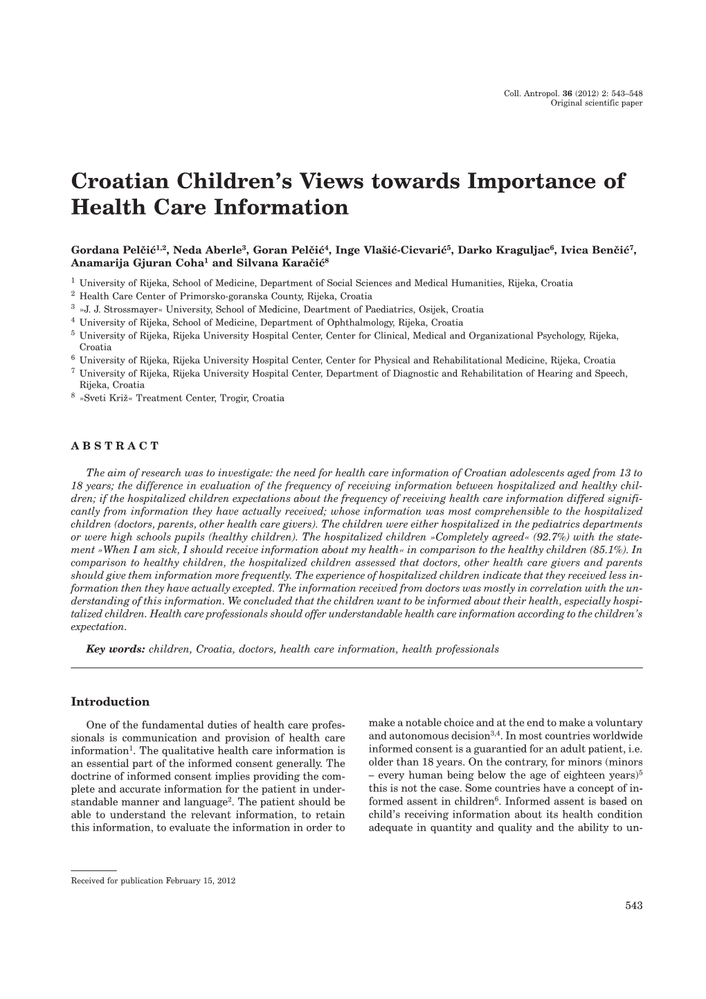 Croatian Children's Views Towards Importance of Health Care Information