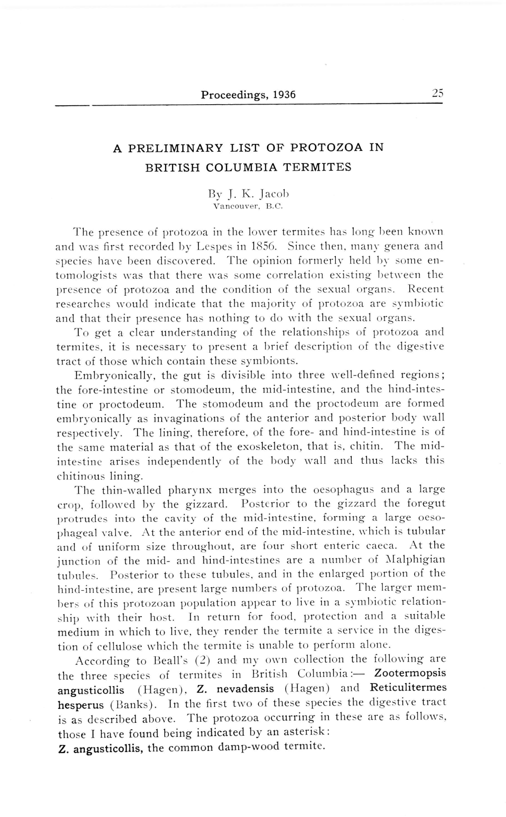 Proceedings, 1936 a PRELIMINARY LIST of PROTOZOA in BRITISH