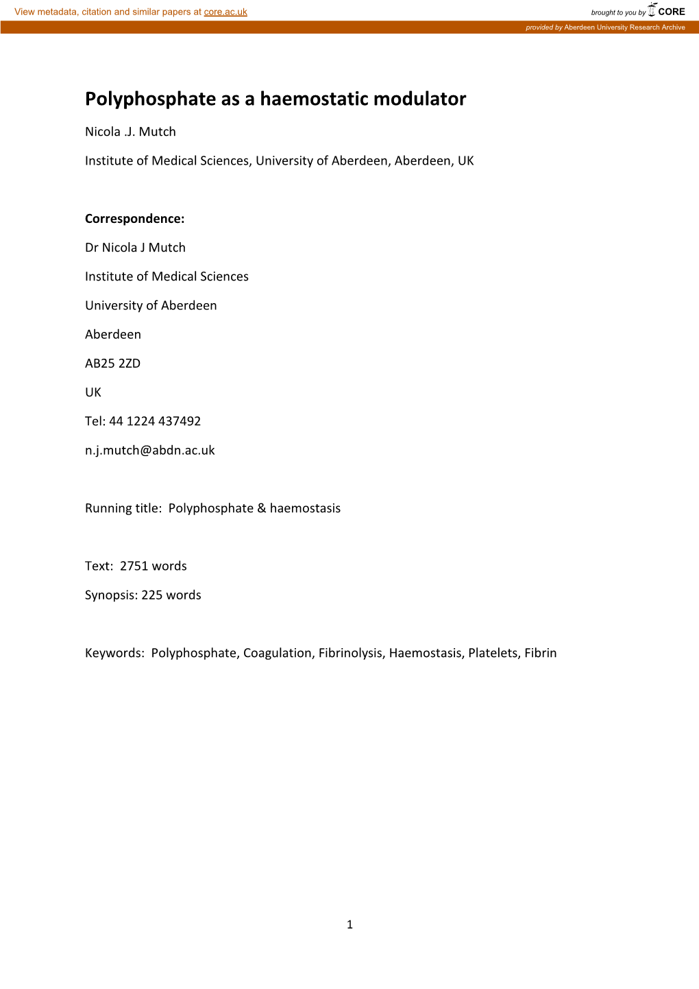 Polyphosphate As a Haemostatic Modulator