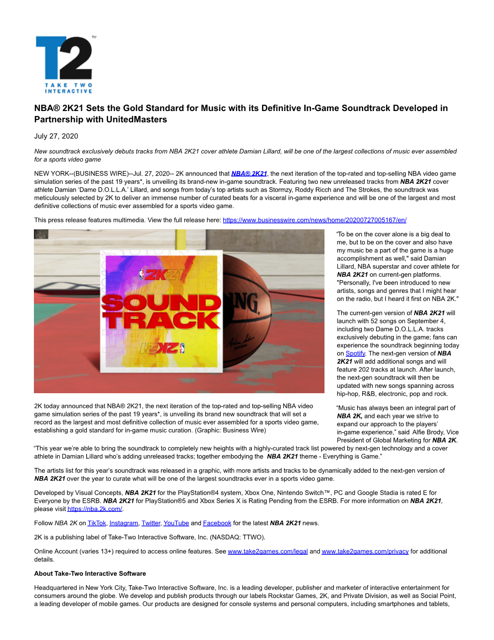NBA® 2K21 Sets the Gold Standard for Music with Its Definitive In-Game Soundtrack Developed in Partnership with Unitedmasters