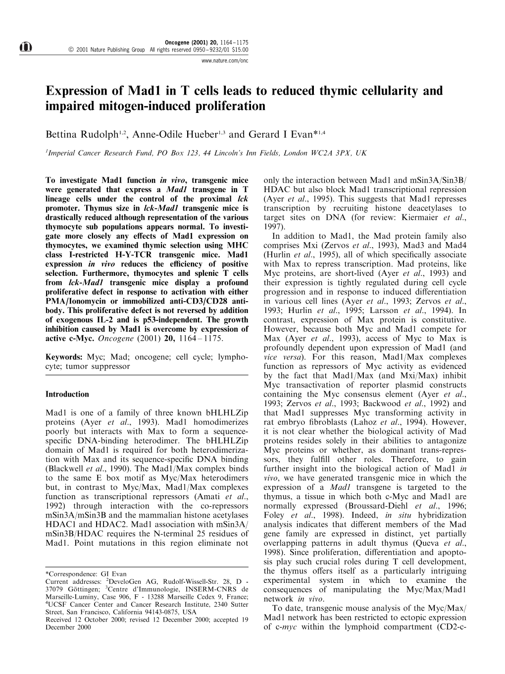 Expression of Mad1 in T Cells Leads to Reduced Thymic Cellularity and Impaired Mitogen-Induced Proliferation