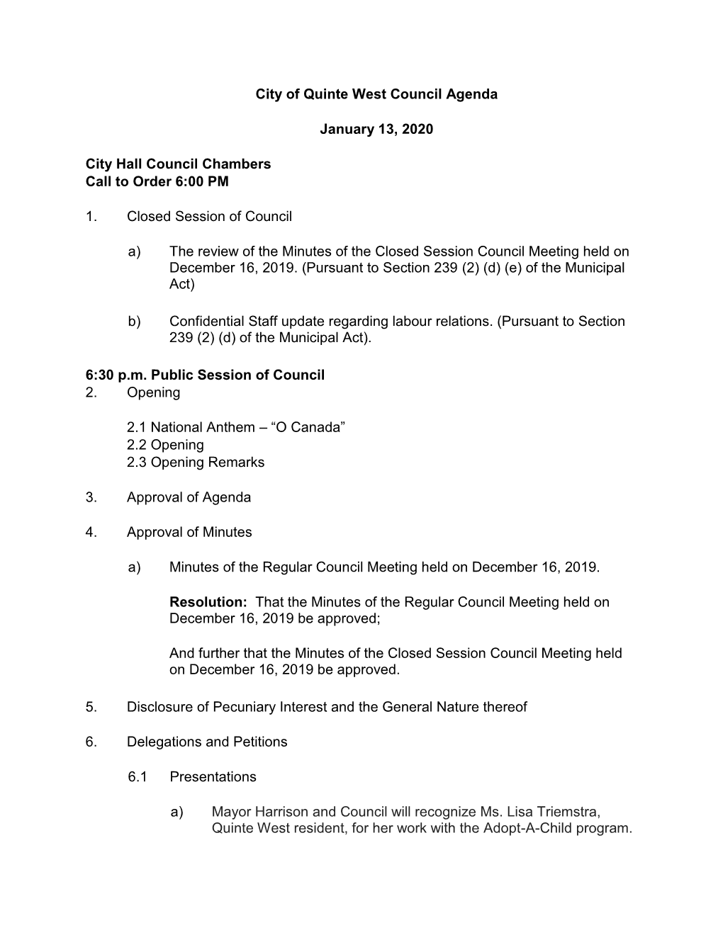 City of Quinte West Council Agenda January 13, 2020 City Hall Council