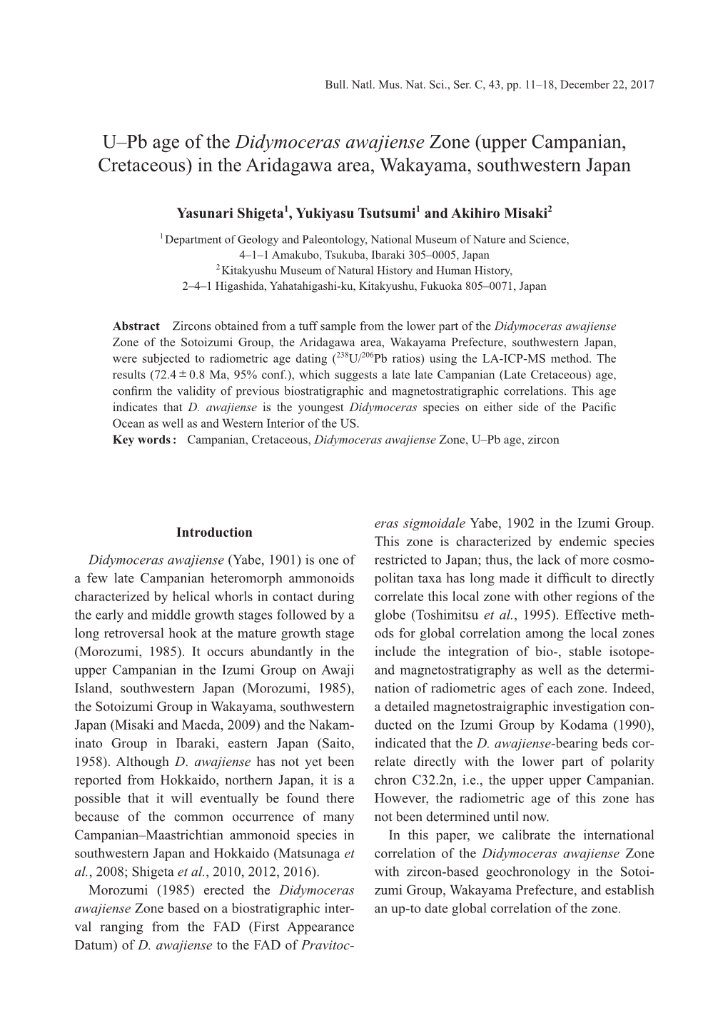 U–Pb Age of the Didymoceras Awajiense Zone (Upper Campanian, Cretaceous) in the Aridagawa Area, Wakayama, Southwestern Japan