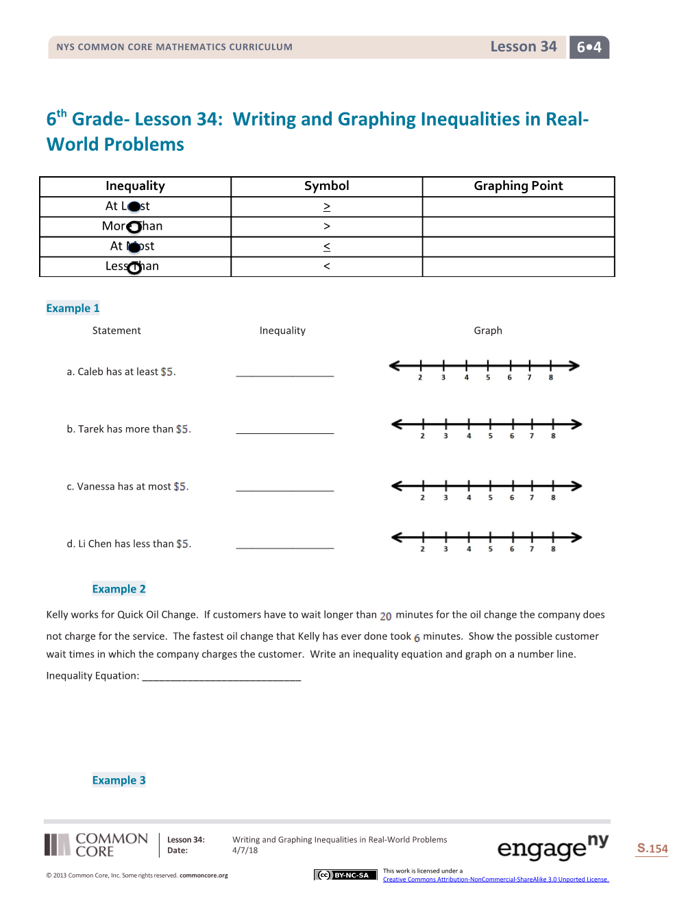 6Th Grade- Lesson 34: Writing and Graphing Inequalities in Real-World Problems