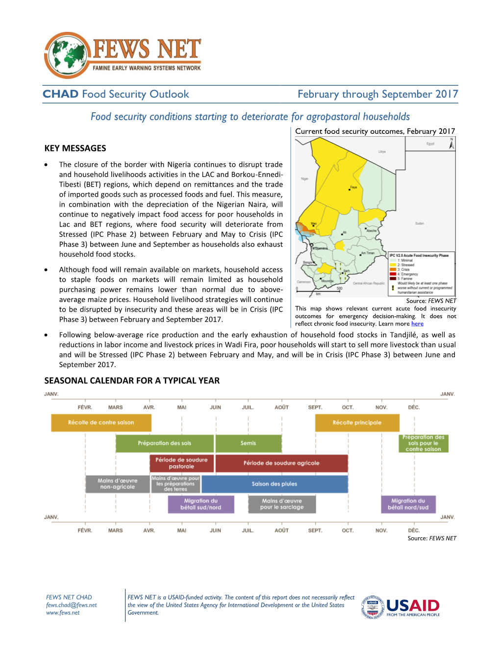 Chad Food Security Look, February Through September 2017