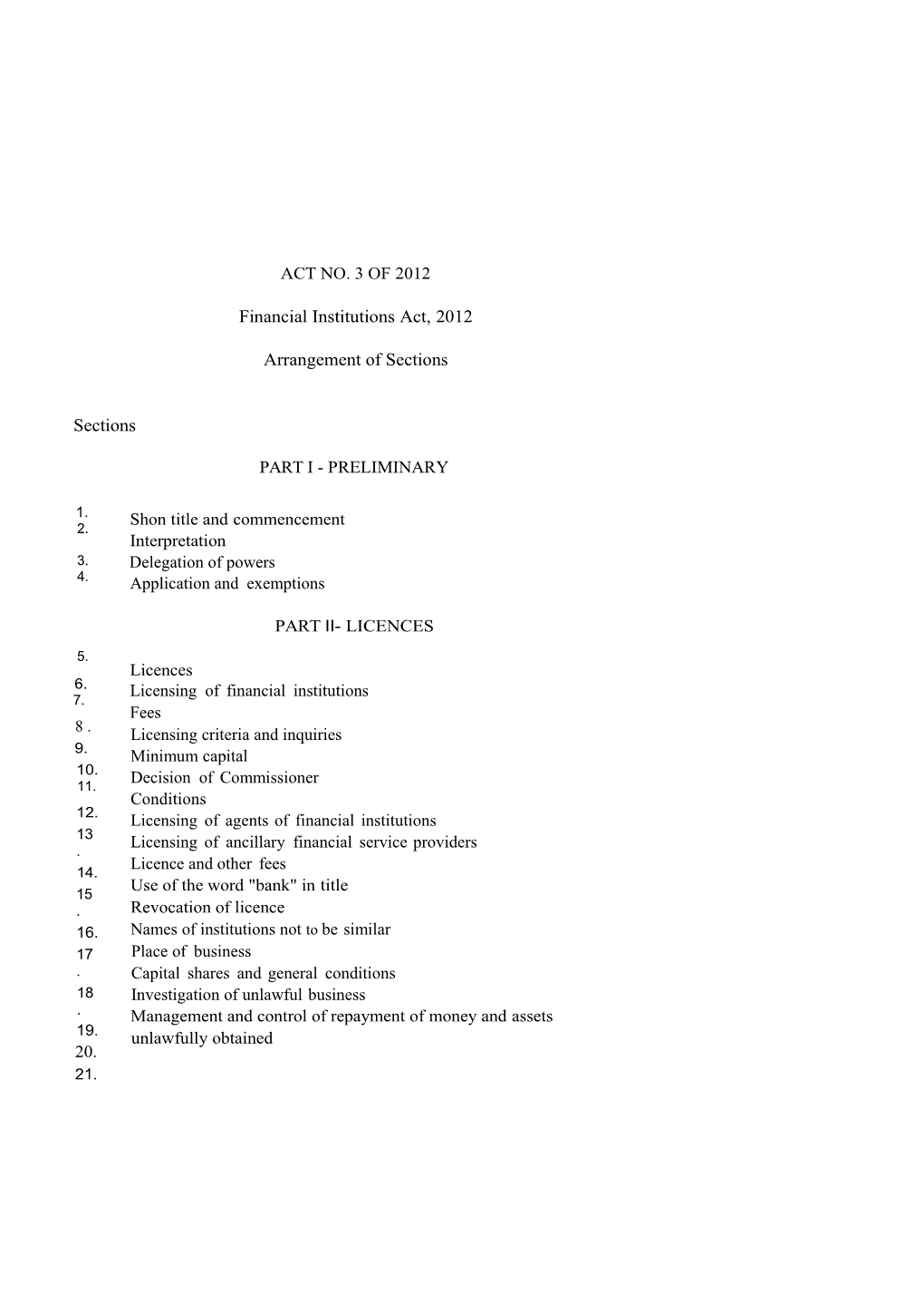 Financial Institutions Act, 2012 Arrangement of Sections