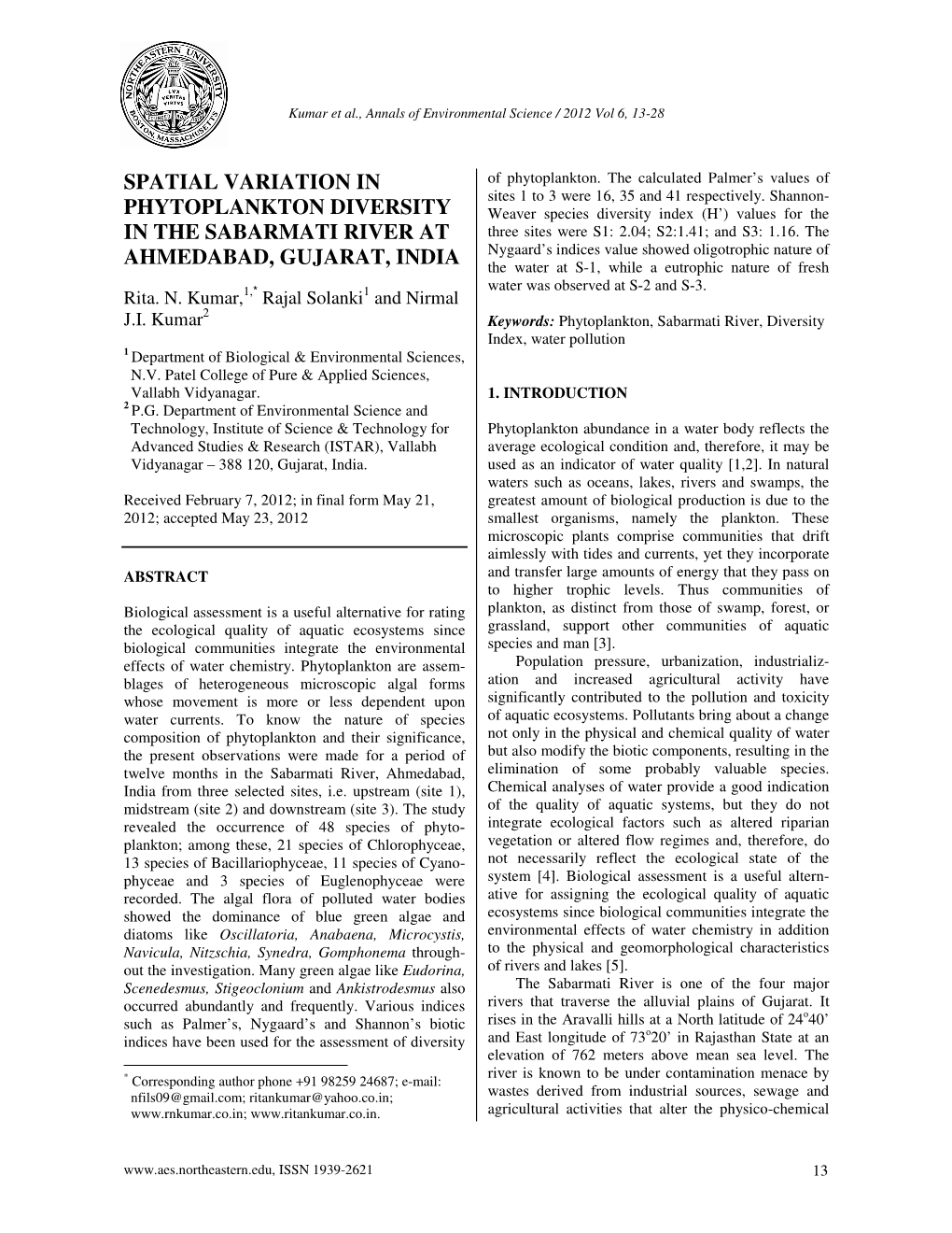 Spatial Variation in Phytoplankton Diversity in the Sabarmati River At